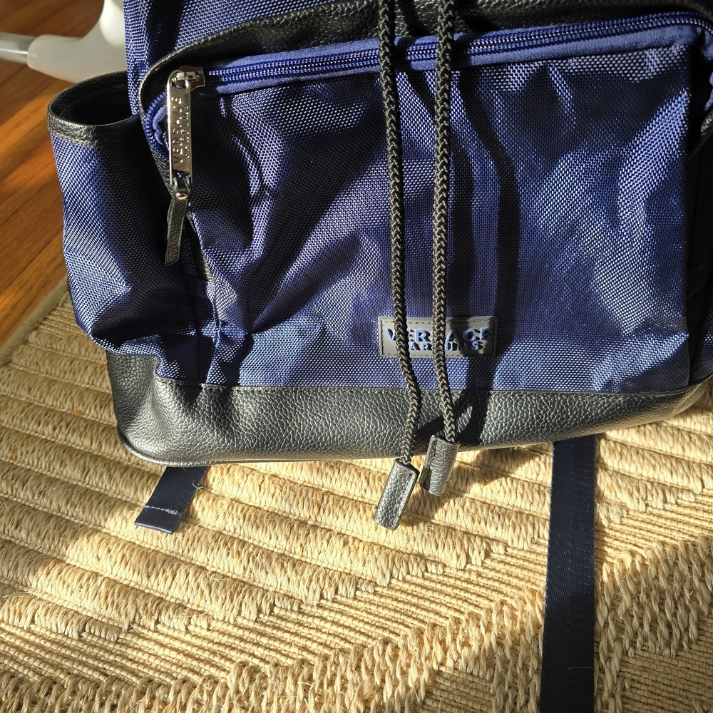 Versace Navy and Black Drawstring Backpack with Front Zip Pocket - Picture 3 of 10